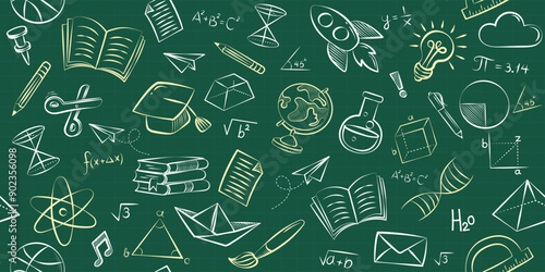 Chalk doodle school background. A seamless pattern of hand-drawn education icons sketched on a green chalkboard. Vector illustration for a back to school design, classroom poster, or presentation.
