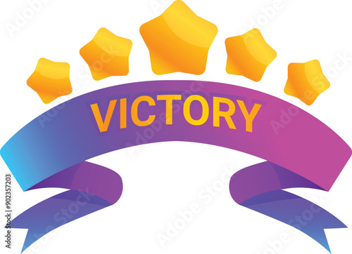 Colorful gradient ribbon declaring victory with five stars, celebrating success and achievement