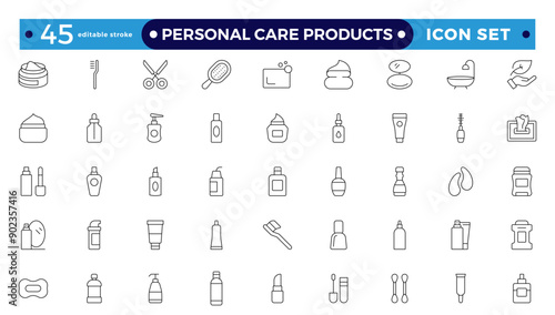 outline icons related to personal care products. Linear icon collection. Moisture cream, acid, anti-wrinkle serum, ceramide, collagen, retinol compound, sunscreen. Editable stroke outline icon.
