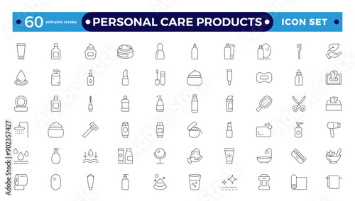 outline icons related to personal care products. Linear icon collection. Moisture cream, acid, anti-wrinkle serum, ceramide, collagen, retinol compound, sunscreen. Editable stroke outline icon.
