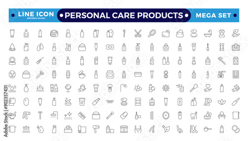 outline icons related to personal care products. Linear icon collection. Moisture cream, acid, anti-wrinkle serum, ceramide, collagen, retinol compound, sunscreen. Editable stroke outline icon.
