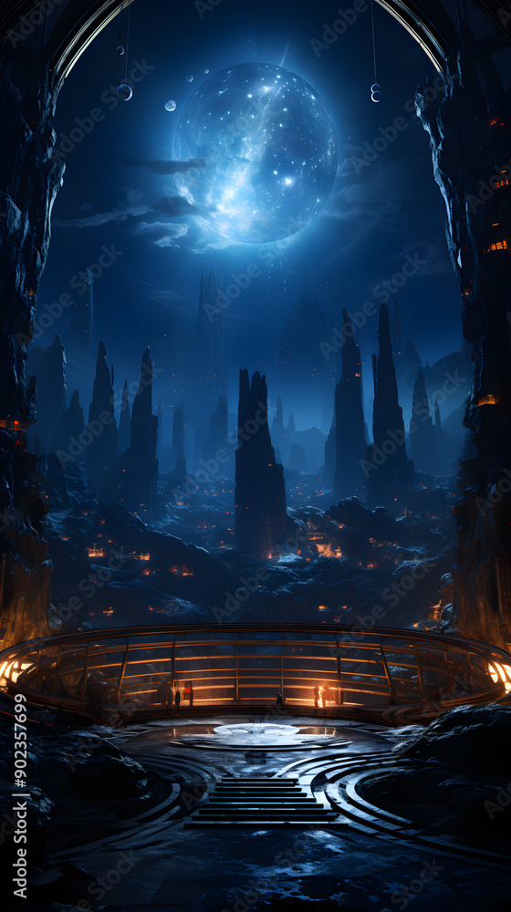 A futuristic, alien cityscape under a large, luminous moon. Tall, jagged rock formations rise from the ground, surrounding a glowing, circular structure. A futuristic, alien cityscape under a large, luminous moon. Tall, jagged rock formations rise from the ground, surrounding a glowing, circular structure.