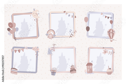 Birthday frame set in flat design. Children collage photo for album family template. Birth day cartoon border, cover. Trendy scrapbook picture. Kid snapshot. Vector illustration