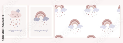 Baby birthday party elements set. Cute childrens card and seamless pattern in flat trendy style. Vector illustrations of cute cloud and rainbow in cartoon design.

