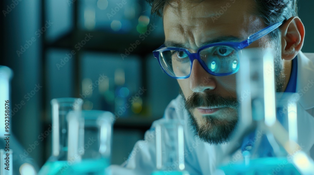 Scientist focused on an experiment in a modern laboratory. Glassware and colorful liquids visible. Concept of research and innovation. Scientist focused on an experiment in a modern laboratory. Glassware and colorful liquids visible. Concept of research and innovation.