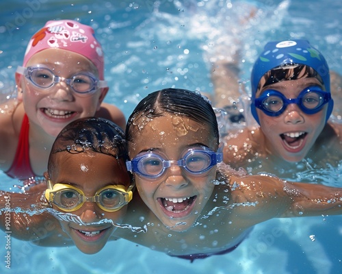 A_group_of_kids_in_swim_caps_and_goggl photo