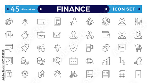 Finance icon set. Containing loans, cash, savings, financial goals, profit, budgets, mutual funds, earning money, and revenue icons. Editable stroke outline icon.