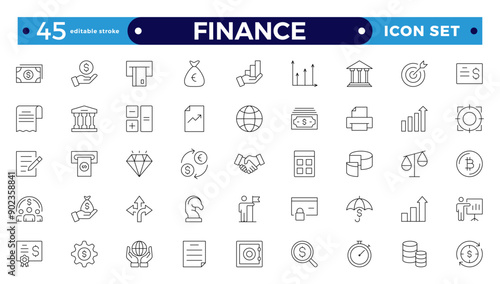 Finance icon set. Containing loans, cash, savings, financial goals, profit, budgets, mutual funds, earning money, and revenue icons. Editable stroke outline icon.