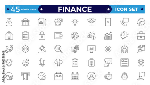 Finance icon set. Containing loans, cash, savings, financial goals, profit, budgets, mutual funds, earning money, and revenue icons. Editable stroke outline icon.