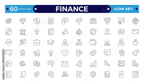 Finance icon set. Containing loans, cash, savings, financial goals, profit, budgets, mutual funds, earning money, and revenue icons. Editable stroke outline icon.