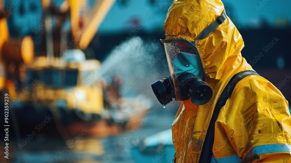 Protective suited worker with gas mask near industrial site, showcasing ...