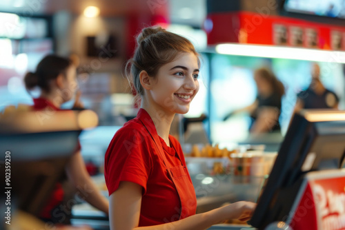 Fast food restaurant busy hours with customers and workers, waitress and customer service men and women attending customers with smile, serving food and taking orders at a busy time, people enjoying 