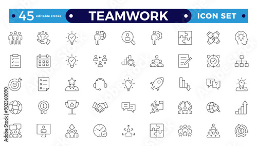 Outline icons related to management, administration, supervision, leadership, business, and governance. Linear icon collection. Teamwork icon collection. Editable stroke outline icon.
