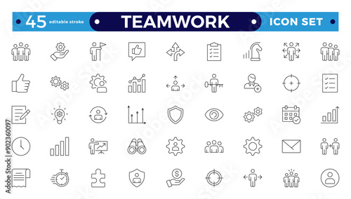 Outline icons related to management, administration, supervision, leadership, business, and governance. Linear icon collection. Teamwork icon collection. Editable stroke outline icon.
