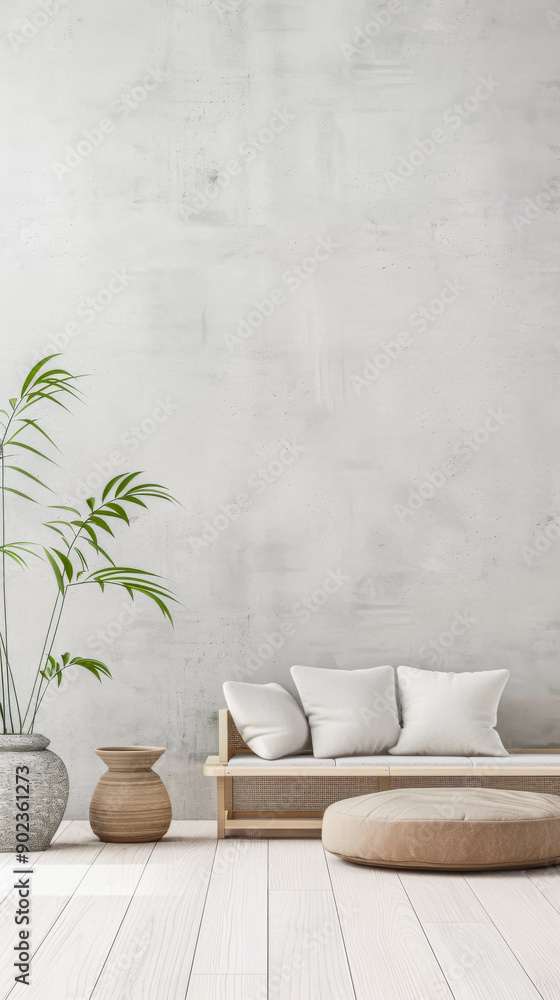 Zen interiors design composition with minimal furniture and ornaments. Residential property interiors with natural lighting and copyspace. Zen interiors design composition with minimal furniture and ornaments. Residential property interiors with natural lighting and copyspace.