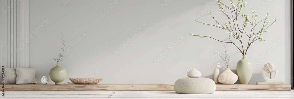 Zen interiors design composition with minimal furniture and ornaments. Residential property interiors with natural lighting and copyspace. Zen interiors design composition with minimal furniture and ornaments. Residential property interiors with natural lighting and copyspace.
