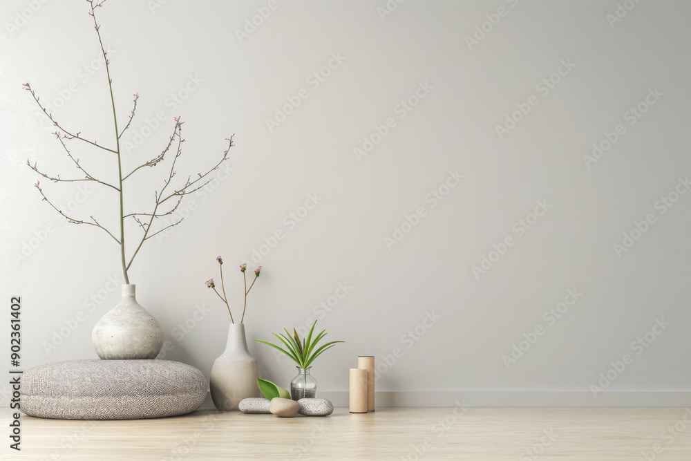 Zen interiors design composition with minimal furniture and ornaments. Residential property interiors with natural lighting and copyspace. Zen interiors design composition with minimal furniture and ornaments. Residential property interiors with natural lighting and copyspace.