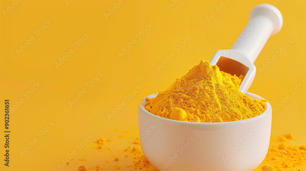 Creative Food Concept Featuring Turmeric Powder Floating Above White Mortar and Pestle, Ideal for Advertisement with Bright Yellow Spice on Clean Surface Creative Food Concept Featuring Turmeric Powder Floating Above White Mortar and Pestle, Ideal for Advertisement with Bright Yellow Spice on Clean Surface