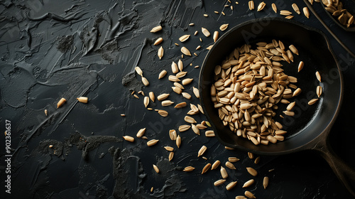 Creative Food Concept: Sunflower Seeds Spilling Onto Black Cast Iron Skillet for Food Advertisement and Culinary Promotion photo