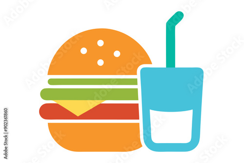 Burger and Juice Vector Logo Icon Flat Color Illustration on White Background.Perfect for fast food and restaurant branding.