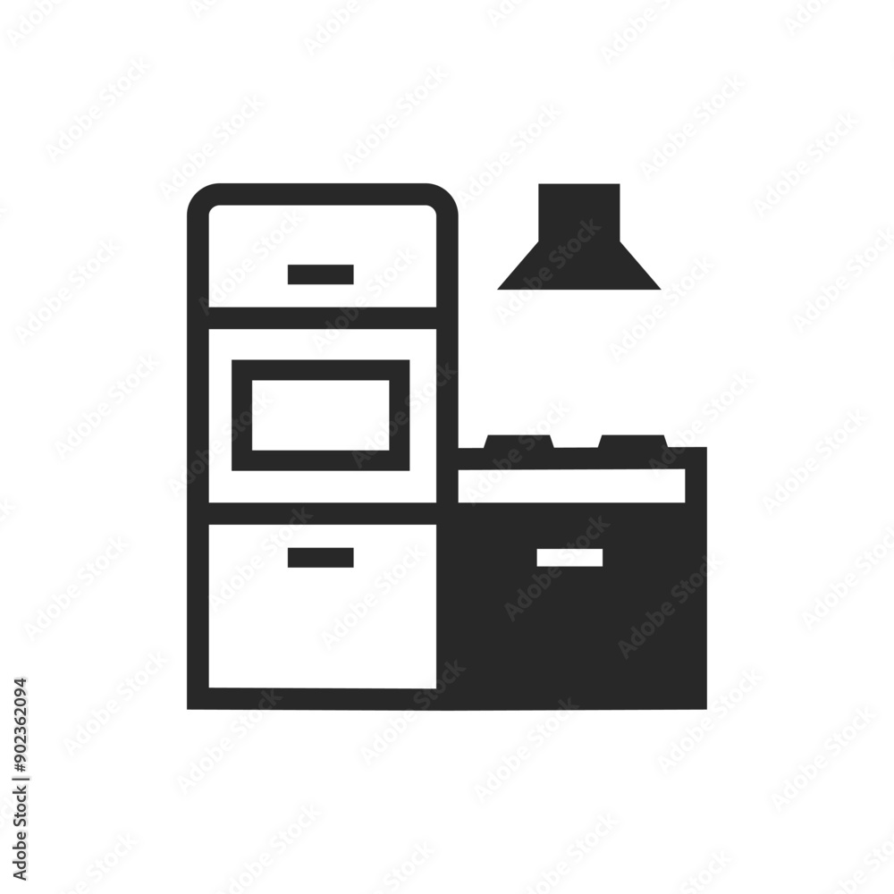 Kitchen setup icon with cabinets, stove, and range hood. Vector illustration. Kitchen setup icon with cabinets, stove, and range hood. Vector illustration.