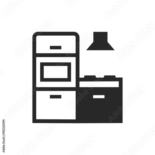 Kitchen setup icon with cabinets, stove, and range hood. Vector illustration.