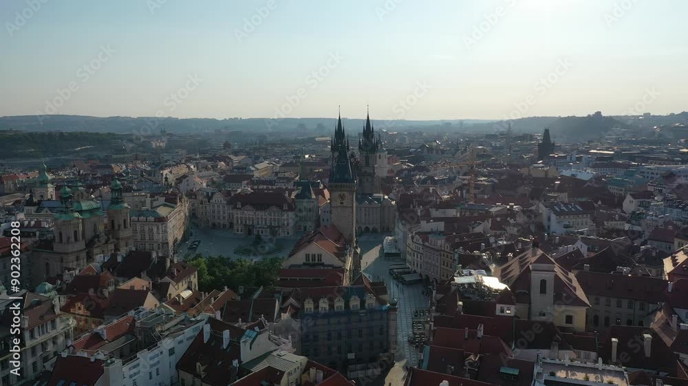 Aerial view of the historic city center of Prague, Czech Republic, churches, cathedrals, squares and neighborhoods in the morning on a clear sunny summer day - Old Town Square Aerial view of the historic city center of Prague, Czech Republic, churches, cathedrals, squares and neighborhoods in the morning on a clear sunny summer day - Old Town Square