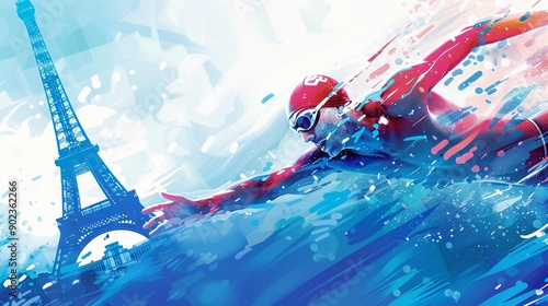 Illustration of swimmer with blurred Eiffle tower background. Red, white and blue theme. Sports abstract background. 