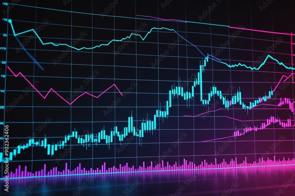 Financial chart with moving up stock market graph in neon light color background Financial chart with moving up stock market graph in neon light color background