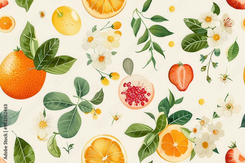 Fruit and Floral Illustration Seamless Pattern Fruit and Floral Illustration Seamless Pattern