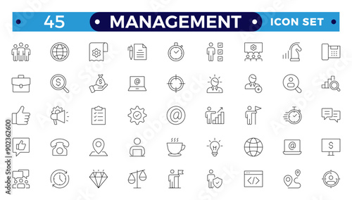 Outline icons related to management, administration, supervision, leadership, business, and governance. Linear icon collection. Management icon collection. Editable stroke outline icon.