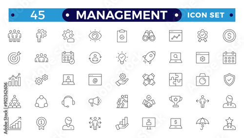 Outline icons related to management, administration, supervision, leadership, business, and governance. Linear icon collection. Management icon collection. Editable stroke outline icon.