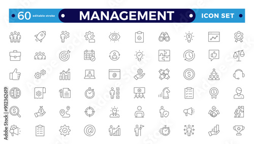 Outline icons related to management, administration, supervision, leadership, business, and governance. Linear icon collection. Management icon collection. Editable stroke outline icon.
