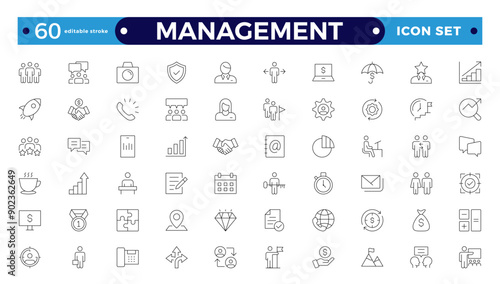 Outline icons related to management, administration, supervision, leadership, business, and governance. Linear icon collection. Management icon collection. Editable stroke outline icon.