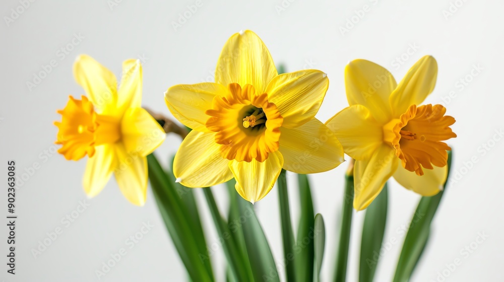 Three yellow daffodils with orange centers and green leaves against a white background. Three yellow daffodils with orange centers and green leaves against a white background.