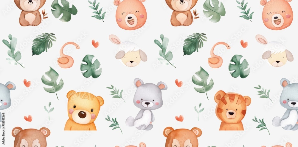 Fototapeta premium Cute animals and whimsical creatures in a seamless cartoon pattern, rendered in watercolor style