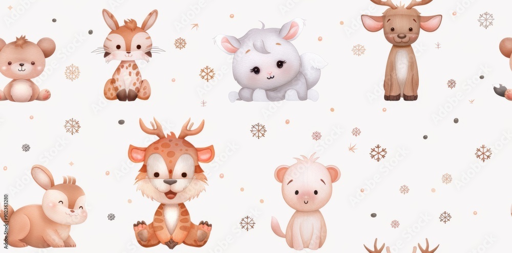 Obraz premium Cute animals and whimsical creatures in a seamless cartoon pattern, rendered in watercolor style