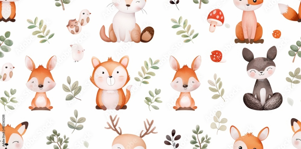 Fototapeta premium Cute animals and whimsical creatures in a seamless cartoon pattern, rendered in watercolor style