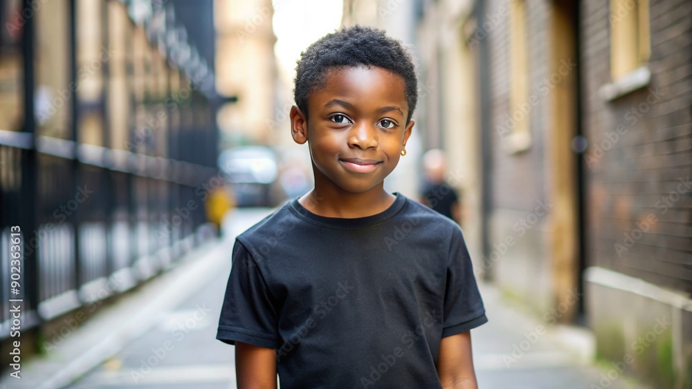 a young black boy in a black t-shirt, captured in natural daylight on an urban street a young black boy in a black t-shirt, captured in natural daylight on an urban street