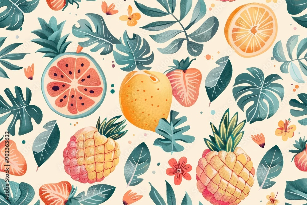 Tropical Fruit and Leaves Illustration Background Tropical Fruit and Leaves Illustration Background