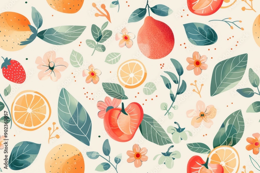 Orange and Flower Illustration Seamless Pattern Background Orange and Flower Illustration Seamless Pattern Background