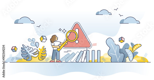 Identify problem, report and fix it as action for solution outline concept, transparent background. Risk prevention and potential economical company danger warning illustration.
