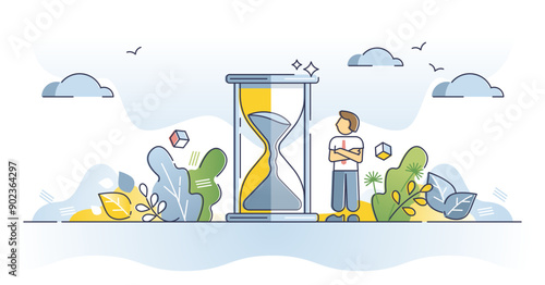 Patience as wait for slow, calm and inefficient time in idle outline concept, transparent background. Bored businessman waiting for delay illustration. Self perseverance and mental peace.