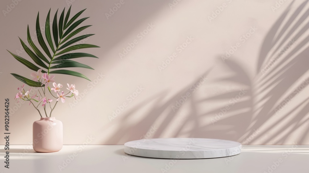 White marble stone podium with 3D background and pastel shadow, designed for clean and minimal product displays. White marble stone podium with 3D background and pastel shadow, designed for clean and minimal product displays.