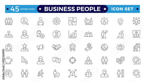 Business people line icons set. Businessman outlines icons collection. Teamwork, human resources, meeting, partnership, meeting, workgroup, success, resume. Editable stroke outline icon.
