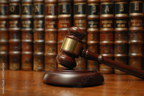 Gavel and legal books in a courtroom setting, emphasizing justice and the legal system.