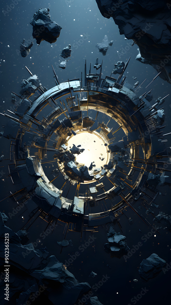 Fototapeta premium Digital technology sci-fi universe mechanical planet poster background with generative