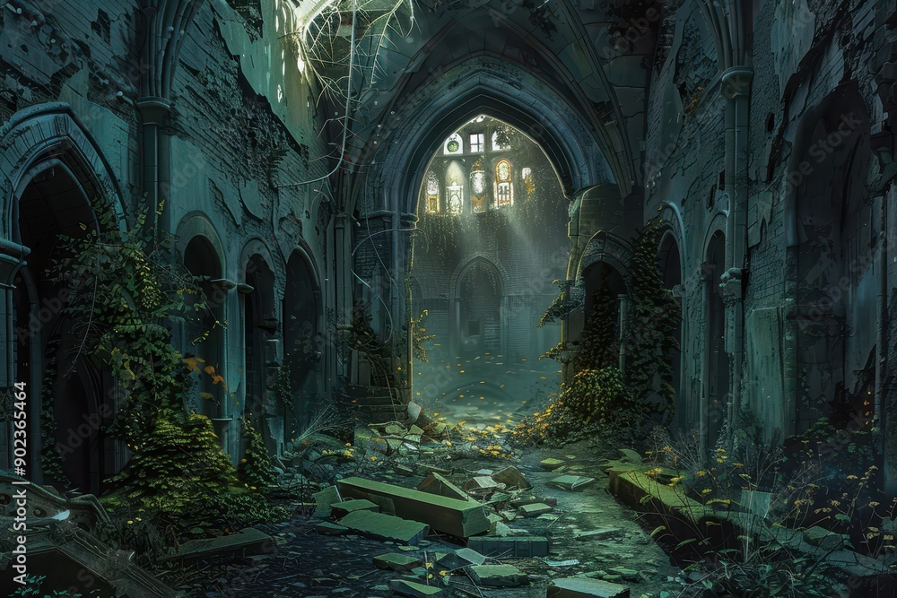 Ancient cathedral ruins overgrown with plants and bathed in sunlight Ancient cathedral ruins overgrown with plants and bathed in sunlight