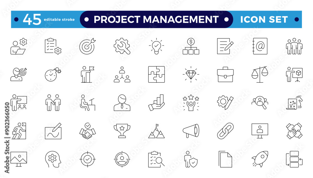 Project management icon collection. Time management and planning concept. Business or organization management icons for web and mobile apps. Time management, planning. Editable stroke outline icon. Project management icon collection. Time management and planning concept. Business or organization management icons for web and mobile apps. Time management, planning. Editable stroke outline icon.