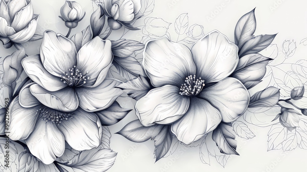 Floral pattern background with detailed, hand-drawn flowers and leaves Floral pattern background with detailed, hand-drawn flowers and leaves